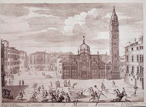 Santa Maria Formosa kilisesinin meydanının görünümü bir Venedik “Teatro di Venezia”dan oyma 18. yüzyıl Venedik, Museo Correr by Italian School