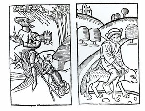 Süpürgeye binen hayvanlar (solda) ve kurda binen erkek cadı (sağda) kılığında cadılar, Fr M Guaccius, Milan 1608 tarafından hazırlanan Compendium Maleficarum
