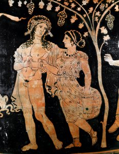 Puglia'daki (Puglia) Ruvo'dan bir vazo detayı, bir çift genç evli çifti tasvir ediyor. Ellerinde bir bardak şarap tutuyorlar. MÖ 4. yüzyıl Museo Archeologico Nazionale Napoli by Italic
