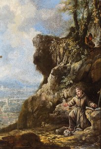 Aziz Francis kayalık bir çıkıntının yanında vecd halinde, ötesinde bir manzara (bakır üzerine yağlıboya) by Italo-Flemish School