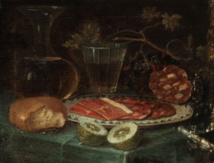 Bir parça ekmek, bir cam sürahi, bir şarap bardağı, jambon ve jambonlu bir tabak, bir limon ve sedef saplı bir bıçak ile natürmort by Italo flämischer Maler des 17. Jahrhunderts
