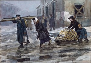 Vladimirov, Ivan Alexeyevich (1869-1947) tarafından eve biraz yakıt sürükleyen bir mühendis ailesi. Suluboya, Kağıt Üzerine Guaj by Ivan Alexeyevich Vladimirov