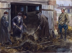 Vladimirov, İvan Alekseyeviç (1869-1947) tarafından kışla ahırlarını boşaltmaya zorlanan bir grup Rus rahip. Suluboya, Kağıt Üzerine Guaj by Ivan Alexeyevich Vladimirov