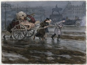 Famille demenageant ses Affairs dans une charrette a bras - Eşyalarını arabada taşıyan aile (Rus devrimi suluboya serisinden) - Vladimirov, Ivan Alexeyevich (1869-1947) - 1917-1918 - Kağıt üzerine suluboya - 25,9x34,3 - özel koleksiyon by Ivan Alexeyevich Vladimirov