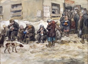 Petrograd'da aç yıllar. Vladimirov, Ivan Alexeyevich (1869-1947) tarafından ""Ortak yemek odası". Suluboya, Kağıt üzerine guaj. Özel koleksiyon by Ivan Alexeyevich Vladimirov