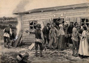 Rus devrimi suluboya serisinden bir kolera kışlasında sahne, c. 1920 by Ivan Alexeyevich Vladimirov