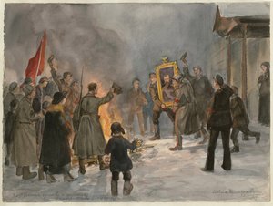 Tabloları yakan askerler (Rus devrimi suluboya serisinden) - Oeuvre de Ivan Alexeyevich Vladimirov (1869-1947) - 1917 - Kağıt üzerine suluboya - 25,7x34,5 - Özel Koleksiyon