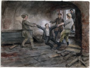 Un detenu emmene pour etre infaz - Adam tutuluyor ve idam ediliyor (Rus devrimi suluboya serisinden) - Vladimirov, Ivan Alexeyevich (1869-1947) - 1919 - Kağıt üzerine suluboya - 25,7x34,5 - Özel Koleksiyon by Ivan Alexeyevich Vladimirov