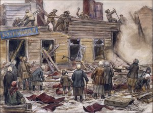 Vladimirov, Ivan Alexeyevich (1869-1947) tarafından yakıt için ahşap evleri yıkan işçiler. Suluboya, Kağıt Üzerine Guaj by Ivan Alexeyevich Vladimirov