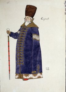 Nicholas (Nikolai) Rimsky Korsakov (Rimsky-Korsakov) (1844-1908) tarafından "Altın Horoz" operası için kostüm çizimi (N. Rimsky-Korsakov (Rimsky) tarafından yazılan Altın Horoz operası için kostüm tasarımı) .İvan Yakoleviç Bilibin