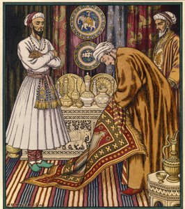 Prens Ali sihirli bir halı satın alır. Bir Arap masalı için illüstrasyon. (Prens Ali bir halı alıyor). Ivan Yakolevich Bilibin