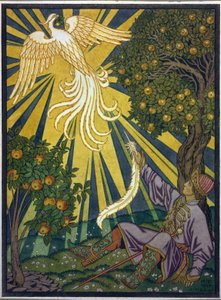 Prens ateş kuşundan bir tüy alır. ""Ivan Tsarevich, Firebird ve Gri Kurt"" masalı için illüstrasyon. Ivan Yakovlevich Bilibin (Bilibin) (1876-1942), kağıt üzerine suluboya ve guaj çalışması. Rus sanatı, 20. yüzyıl, sembolizm. by Ivan Yakovlevich Bilibin