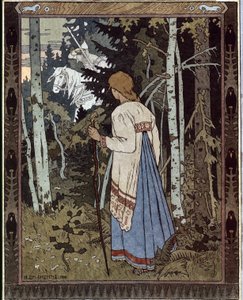 En Güzel ve Beyaz Süvari Vassilissa. (Güzel ve Beyaz Süvari Vasilisa). (Geleneksel Rus masalı). Ivan Yakovlevich Bilibin (Bilibin) (1876-1942), litografi çalışması
