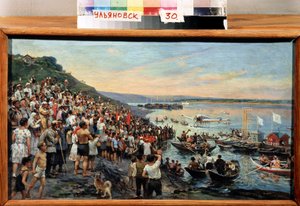 ""1927'de Ulyanovsk'a Deniz Uçağı İnişi"" Ivan Guriev'in (1875-1943) Tablosu 1927 Bölgesel Sanat Müzesi, Simbirsk by Ivan Gouriev