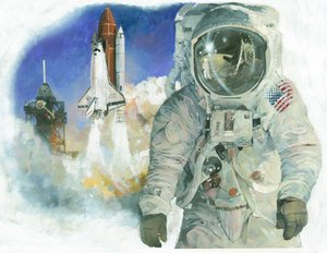 Amerikalı astronot Buzz Aldrin uzay giysisi içinde ve Uzay Mekiği Discovery Kennedy Uzay Merkezi