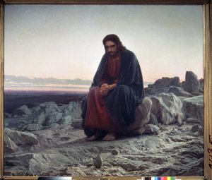 Çölde İsa (Çölde İsa). İsa, bir kayanın üzerine oturmuş, ellerini meditatif bir tefekkür tavrıyla birleştirmişti. Ivan Nikolayevich Kramskoi