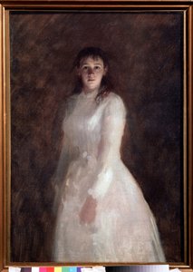 Genç bir bayanın portresi (genç bir bayanın portresi). (uzun beyaz bir elbise giymiş). Ivan Nikolayevich Kramskoi