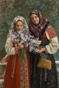 kır çiçekleri (Çayır Çiçekleri). Bir anne ve kızı, folklorik kıyafetleri içinde zarif, saçlarını rengarenk bir eşarpla kapatıyorlar, ellerinde bir buket kır çiçeği tutuyorlar. Ivan Semyonovich Kulikov