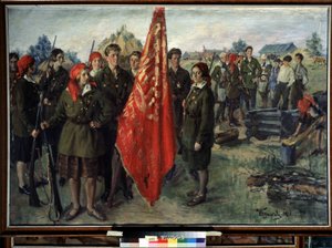 Askeri Komsomol (Askeri Komsomol). Sovyetler Birliği komünist gençliğinin örgütlenmesi, üniformalı (askeri ve revir) bir grup gencin tanımı ve kırmızı bir bayrak etrafında toplanmış silahlar, ephem binalarının yakınında