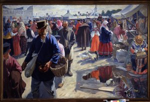 Fuar (Bir Fuar). Köylüler ve satıcılar ile geleneksel bir atmosferde bir Rus taşra kasabasında pazar sahnesi. Ivan Semyonovich Kulikov