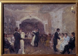 Tüccar Topu. Çiftler dans ediyor, beyazlar içinde genç kızlar oturmuş dans etmek için davet bekliyorlar. Ivan Semyonovich Kulikov