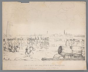 Bombardımandan bir gün sonra, 28 Ekim 1830'da Antwerp şehrinin görünümü (nesne üzerindeki başlık) by Izaak Schouman