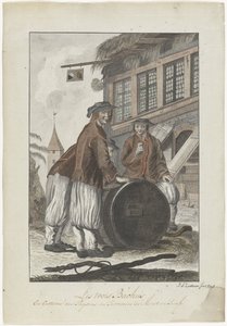 Bir evin önünde İsviçre giysili üç adam by J.A. Zoutman