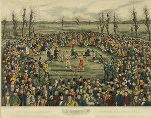 J. R. Mackrell ve J.B. Rowbotham (aquatint) tarafından kazınmış, Sayers ve Heenan arasında bir tarafı 200 Pound için Büyük Yarışma by J.B. and Brown J. Rowbotham
