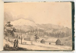 İnsanlar ve evler ile dağ manzarası by Johan Christian Dahl