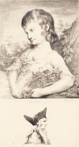 Bir çiçek sepeti ve erkek portre ile küçük bir kız by J.F. Clemens