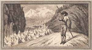 Kar yüzeyindeki bir adam uzun bir direğe yaslanıyor. by J.F. Clemens