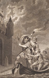 İllüstrasyon. Bir hançer ve bir teknede üç kişi ile bir kral by J.F. Clemens