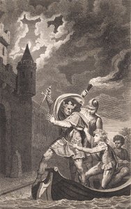 İllüstrasyon. Bir hançer ve bir teknede üç kişi ile bir kral by J.F. Clemens