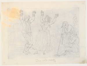Fandango dansı yapan kadın ve erkek. Gitar çalan genç bir adam ve izleyen yaşlı bir eş by J.F. Clemens