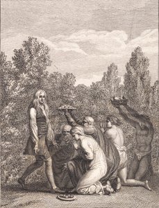 Niels Klim, ona hediyeler getiren ve önünde diz çöken Qvamitler tarafından selamlanır by J.F. Clemens