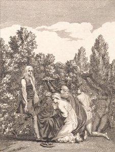 Niels Klim, ona hediyeler getiren ve önünde diz çöken Qvamitler tarafından selamlanır by J.F. Clemens