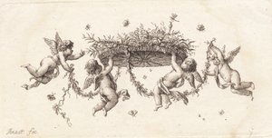 Kıvrımlı yaprakları ve kurdeleleri olan skeç by J.F. Clemens