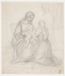 Çocuk ve diz çökmüş kadınla oturan madonna by J.L. Lund