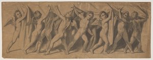 Kraliyet taslağı Tiyatro perdesi; halıyı kenara çeken putti by J.L. Lund