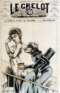 La cicada chez la ant - Anticlerical caricature of a Jesuite holding an open purse that he tends to an immorous woman, wearing a crown of wheat epis, who makes a moue of dedain - Illustration by A. Bourgevin (or J.Blasset or Albert Douat