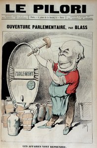 Opening of Parliament: business will resume (Caricature on the scandal of decorations involving Daniel Wilson and Jules Grevy) - Illustration by J. Blas (Albert Douat dit) (1847-1892). in “” Le Pilori””” of 30/10/1887
