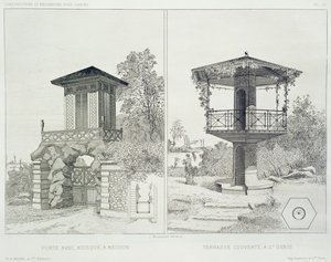 Köşk, Meudon ve kapalı teraslı portal, St. Denis, çeşitli mimarların tasarımlarından, pub. Morel & Cie, Paris, 1880 dolayları (gravür)