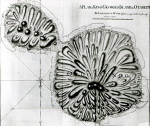 Kral Georges Adası veya Otheite Planı, 1769 (lito) (bw fotoğraf) by J. Cook