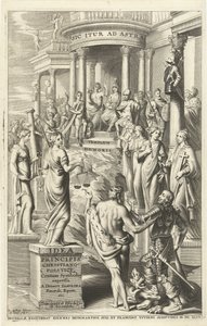 Herkül, insanı geçmişteki erdemlerin kişileştirmelerini ebedi ün tapınağına götürür. Başlık sayfası: Idea principis christiano-politica, Centum Symbolis expressa, Brüksel 1649 (nesne üzerindeki başlık) by J. Danoot