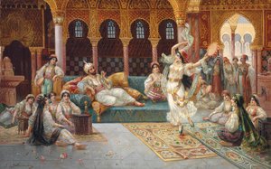 Bir harem dansı (gemiye serilmiş tuval üzerine yağlı boya) by J. G. Delincourt