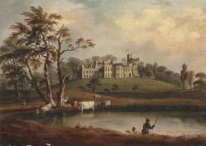 Wenning nehrinin kıyısında bir fener ve sığır ile Hornby Kalesi, Yorkshire, bir görünüm by J. Miller