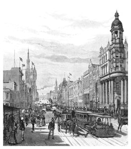 Collins Street doğuya bakıyor, Melbourne, Victoria, Avustralya, 1886.