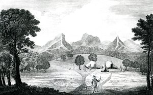 Juan Fernandes adasındaki Commodore çadırından bir görünüm, c.1745 (gravür) by J. S. Mason