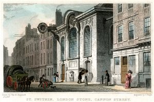 St Swithin Kilisesi ve London Stone, Cannon Street, Londra Şehri, c1830.