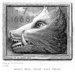 Boars Head Tavern, Eastcheap, Londra, 19. yüzyıldan Inn işareti.